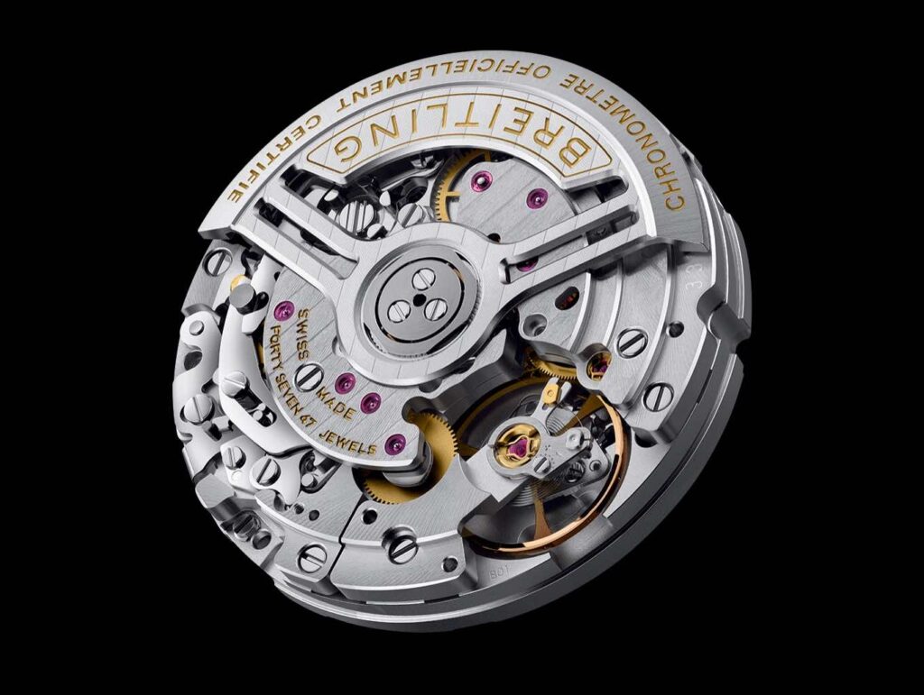 Механізм Breitling B01 хронограф — ремонт і обслуговування у Києві Мануфактурний калібр Breitling B01 із колонним колесом і вертикальною муфтою. Професійний ремонт і обслуговування годинників Breitling у Києві